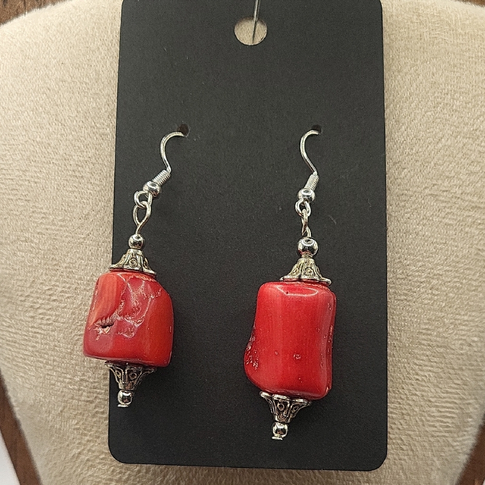 Elegant Red Coral and Silver Earrings